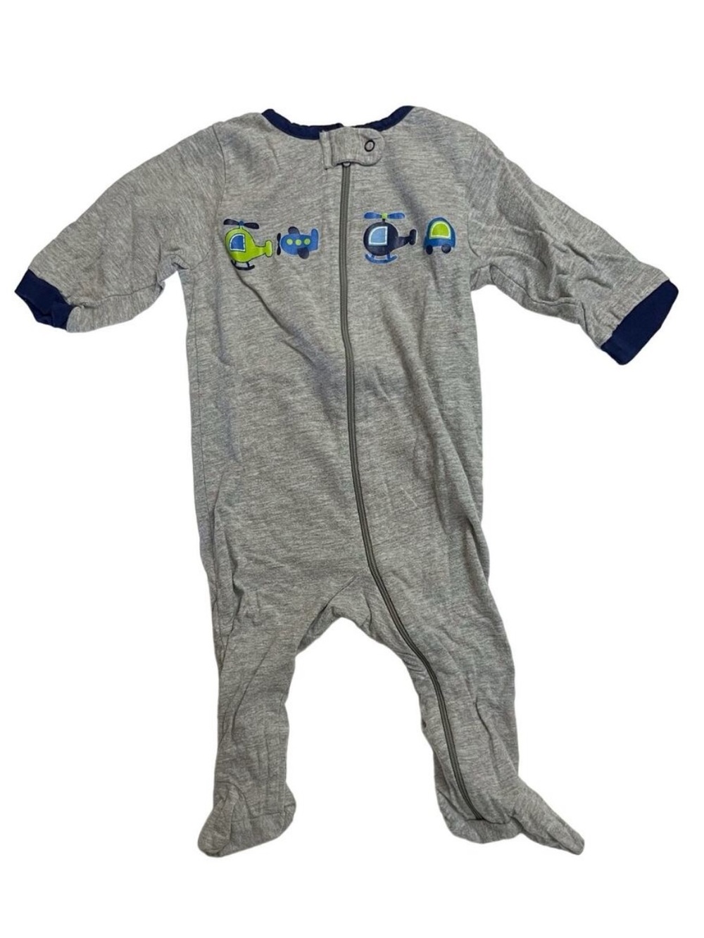 Gerber Gray Single Zip Pajamas Sleep Play Plane Helicopters Car Blue Green 3-6 M